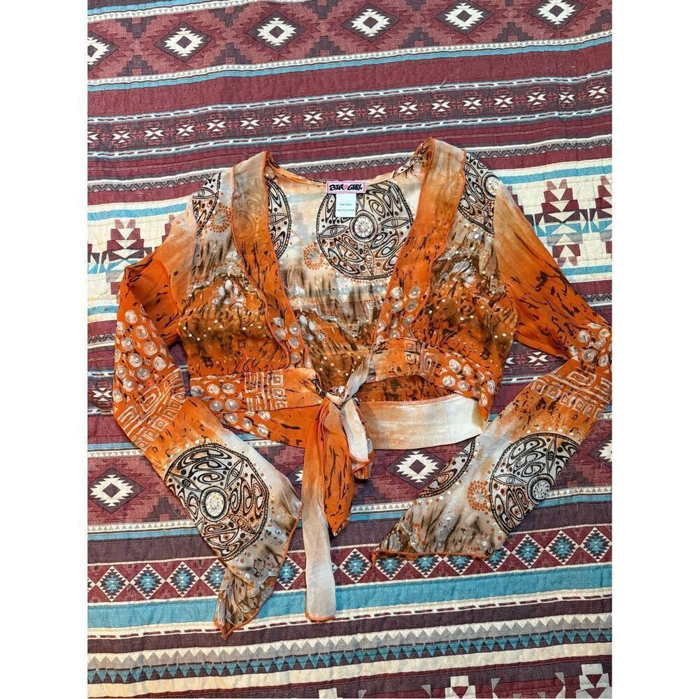 Vintage Orange Tie-Front sheer cropped cardigan small